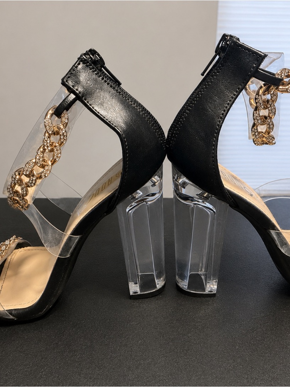 Rouge! Black Block-Heel Sandals with Gold Chain & Clear Straps - Picture 2 of 4